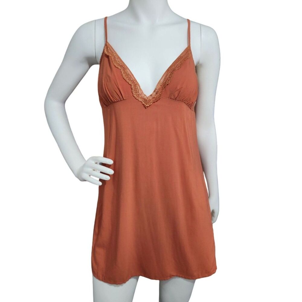 MAP Mexico Rust Terracotta Lace Trim V-Neck Chemise Slip Dress